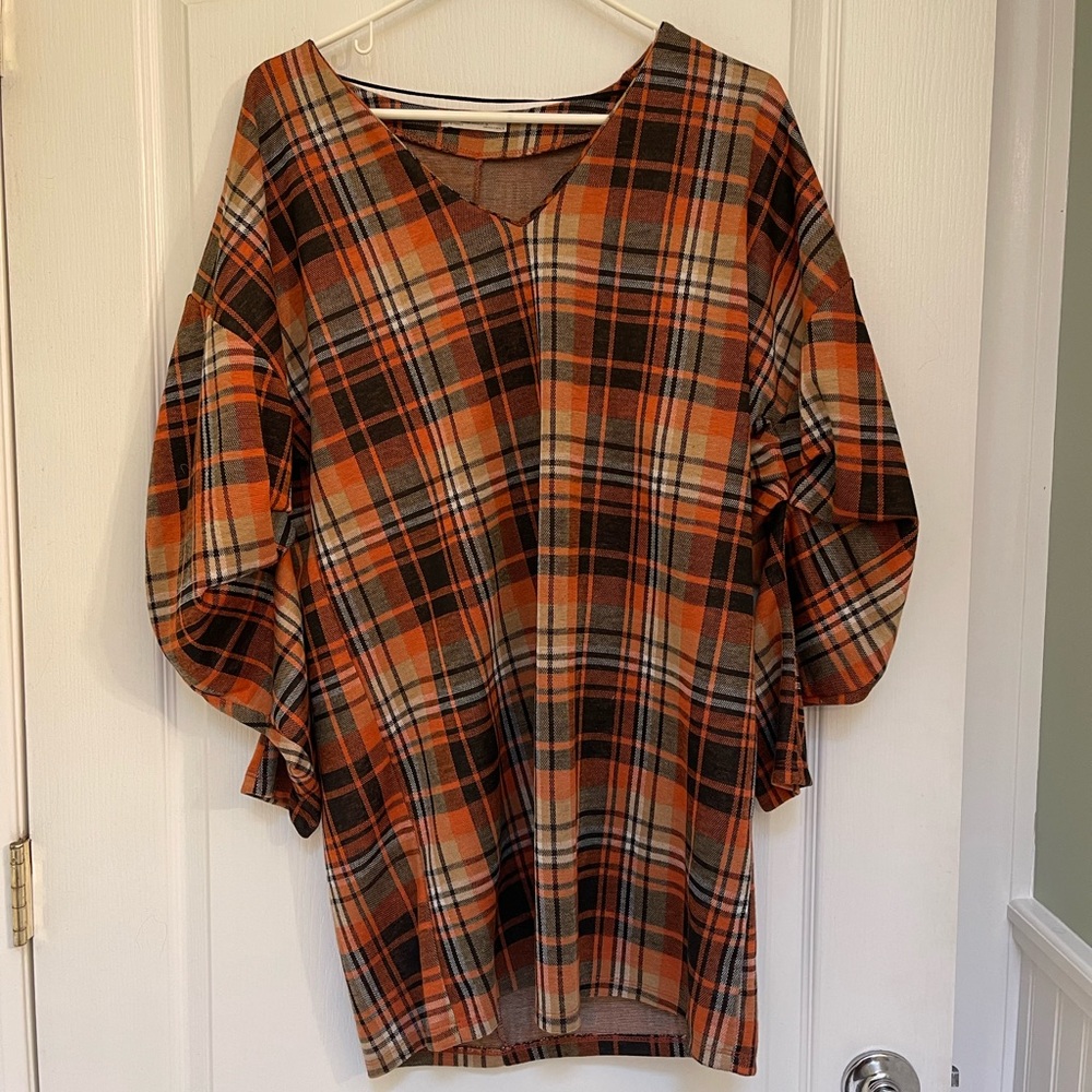 Zara Checked Orange Plaid Puffy Sleeve Dress